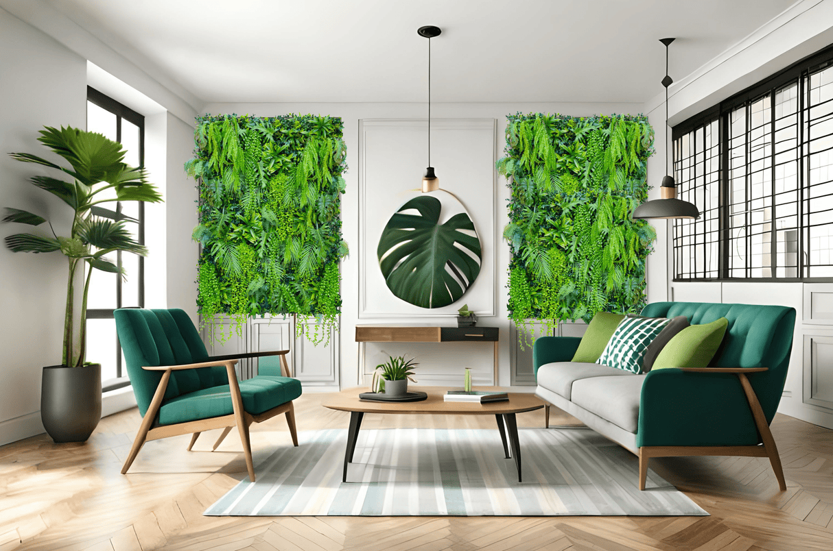 Green tropical 3D plant wall panels with trailing leaf clusters, indoor room decor
