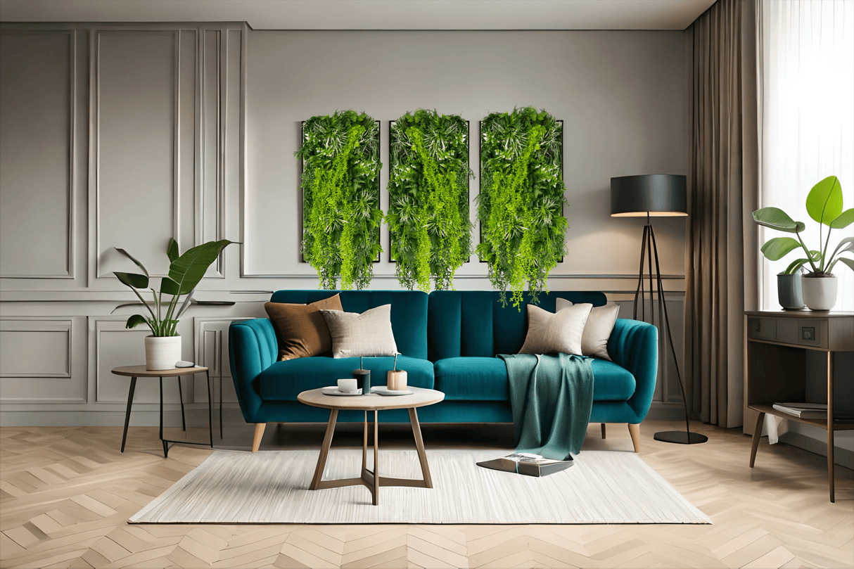 Artificial hanging green foliage wall panels in vertical sections above a sofa