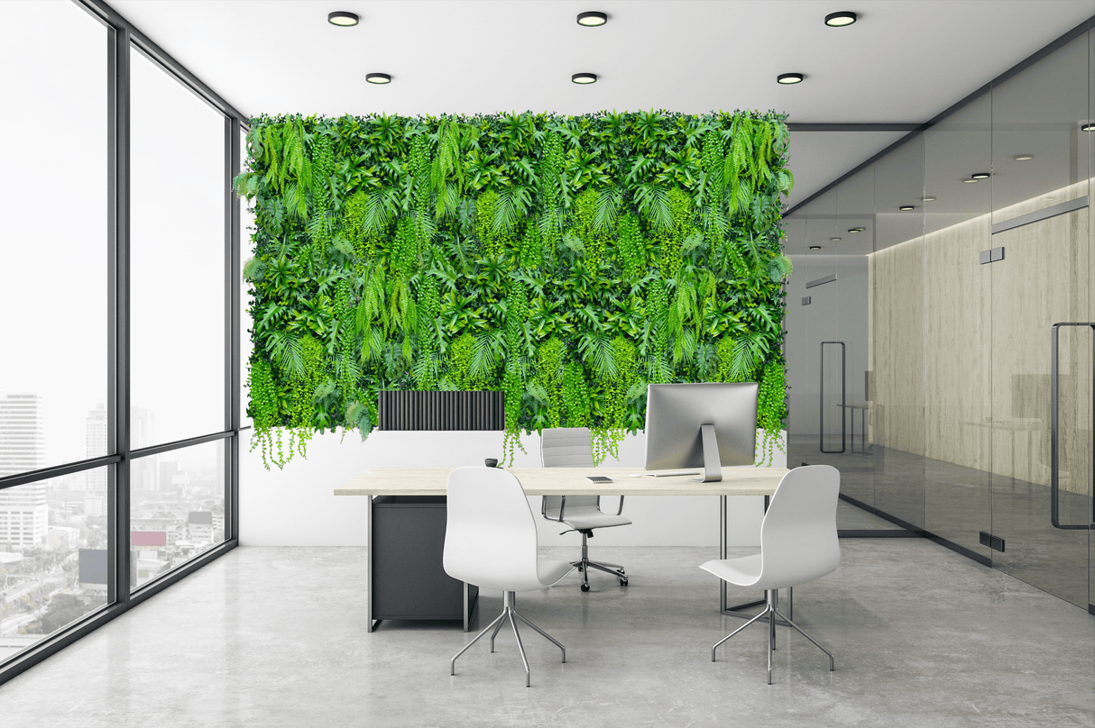 Green tropical 3D plant wall panel with dense hanging foliage, for ceiling or walls