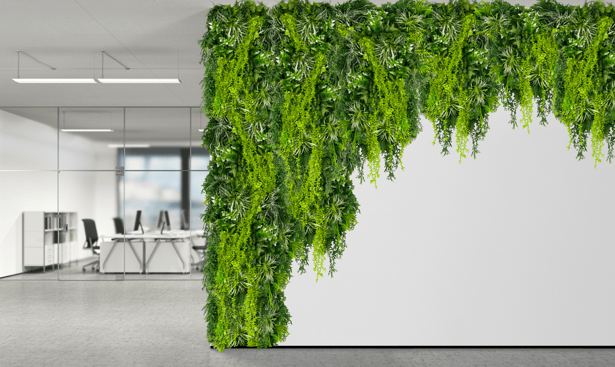 Artificial hanging green foliage wall panel with dense trailing plants and raft texture