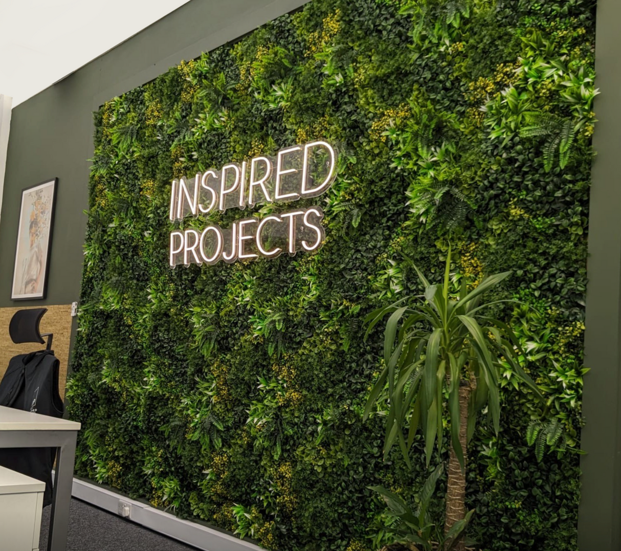 Artificial green wall panel with ferns small yellow leaves and oyster plants 100x100 cm