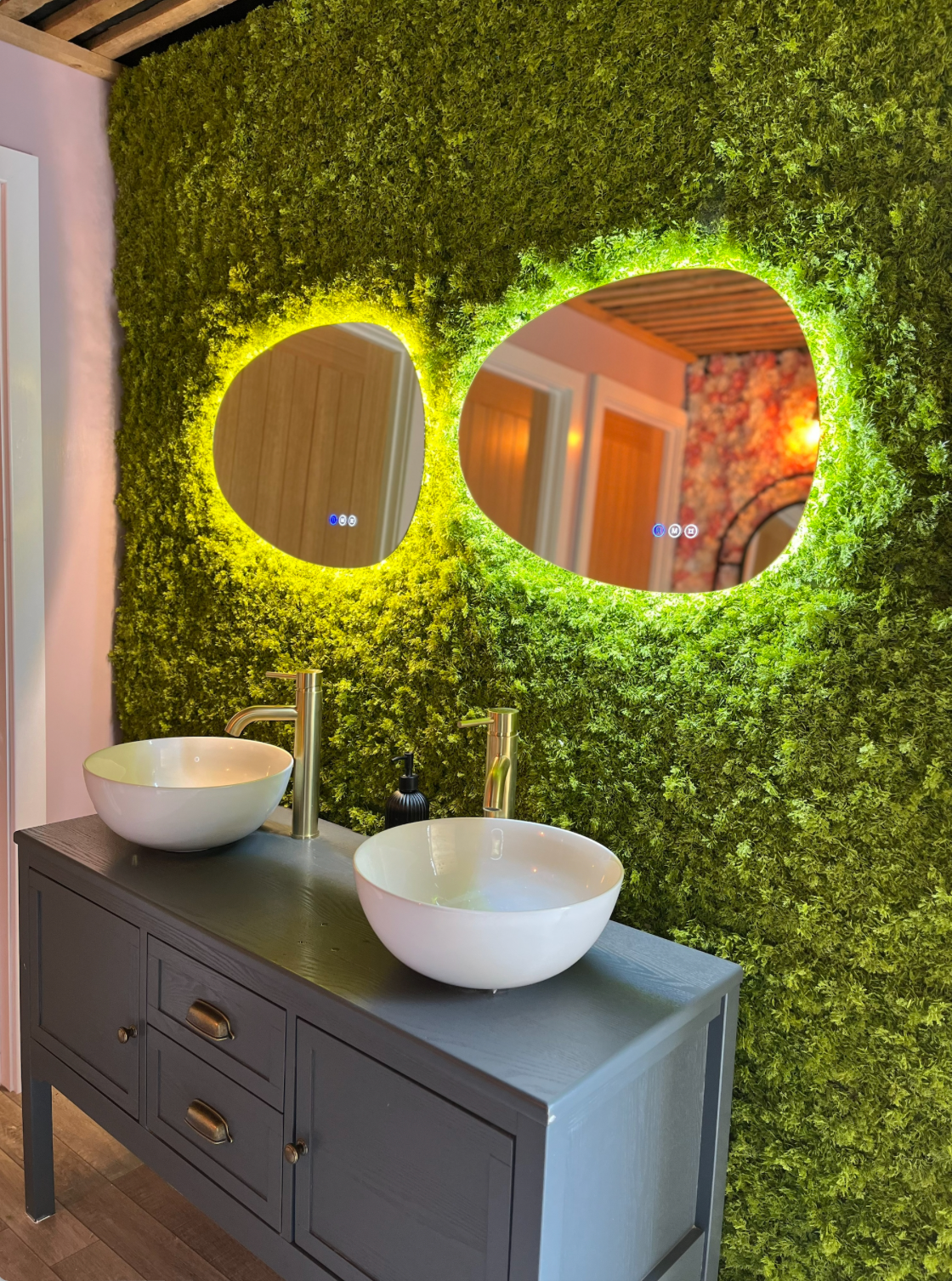 Artificial green moss wall panel with two round openings