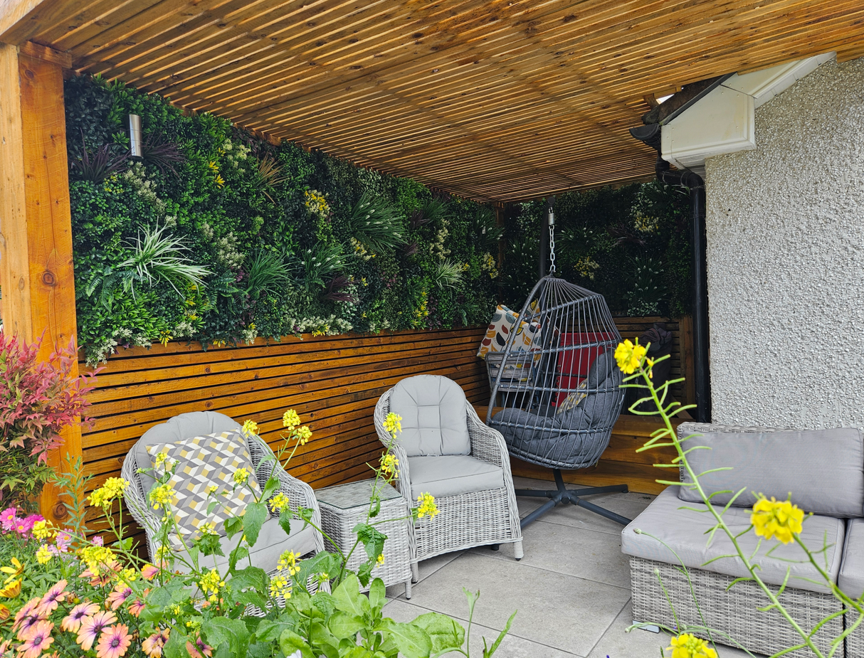 Combo of 3 x 1m2 artificial green wall panels with variegated mixed green red white yellow foliage