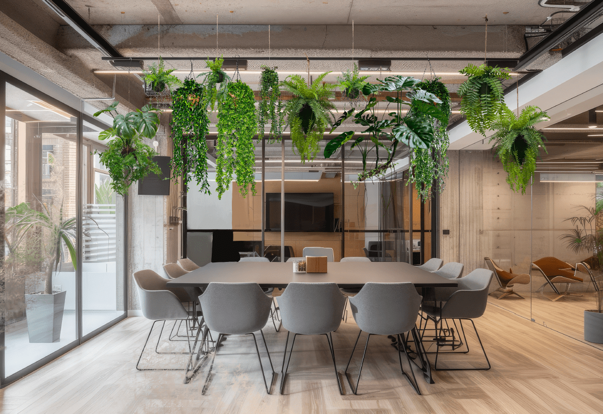 Artificial trailing pheasant tail fern kokedama with multiple hanging green fern clusters.