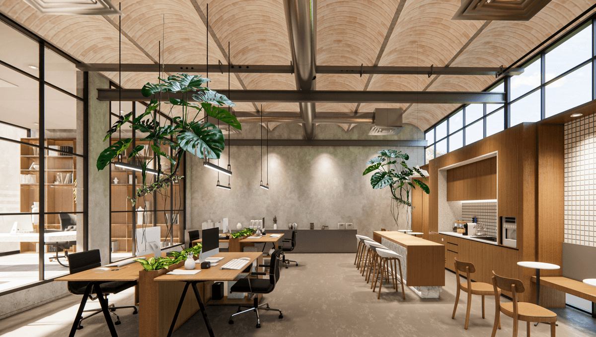 Artificial hanging monstera plant in office interior, with green leaves and dangling roots