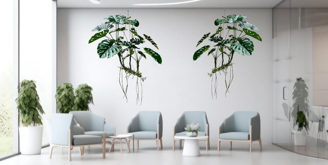 Artificial large hanging branched monstera with trailing roots 120cm wide