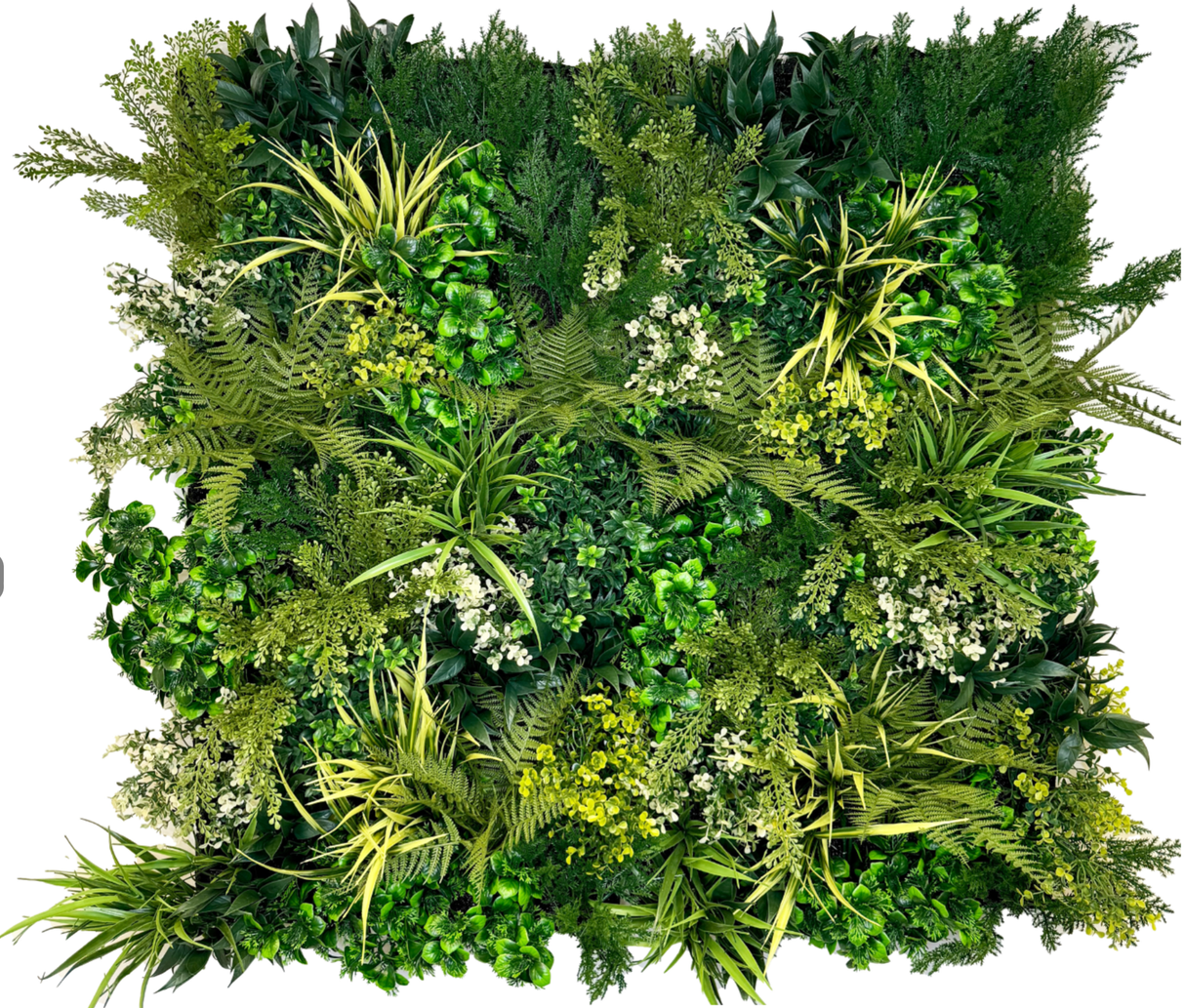 Lush artificial plant wall with dense green leaves, yellow-green spikes, and small white blossoms