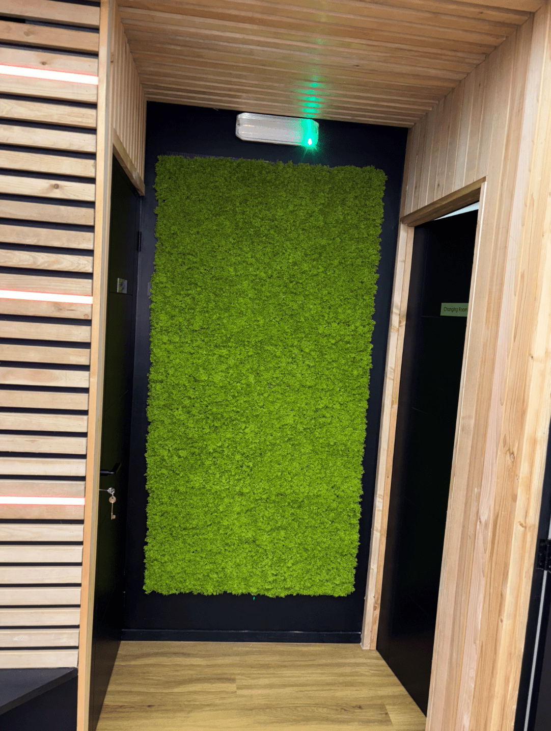 Artificial green moss wall panel covering a doorway wall
