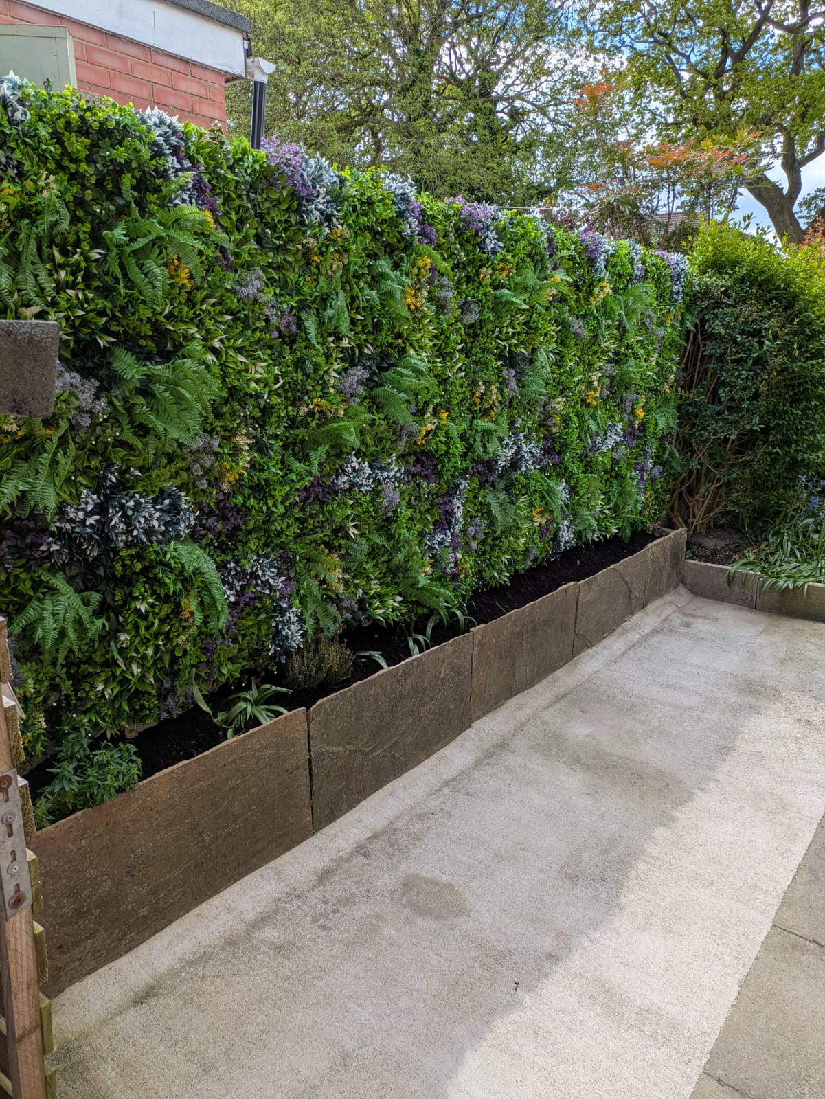 Artificial green wall 1m2 panel with mixed green, white and purple plants
