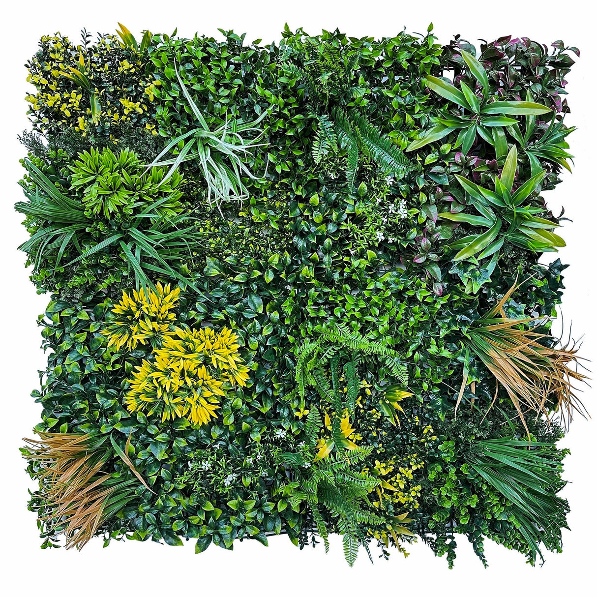 Artificial green wall panel with variegated foliage, yellow clusters, and white flowers