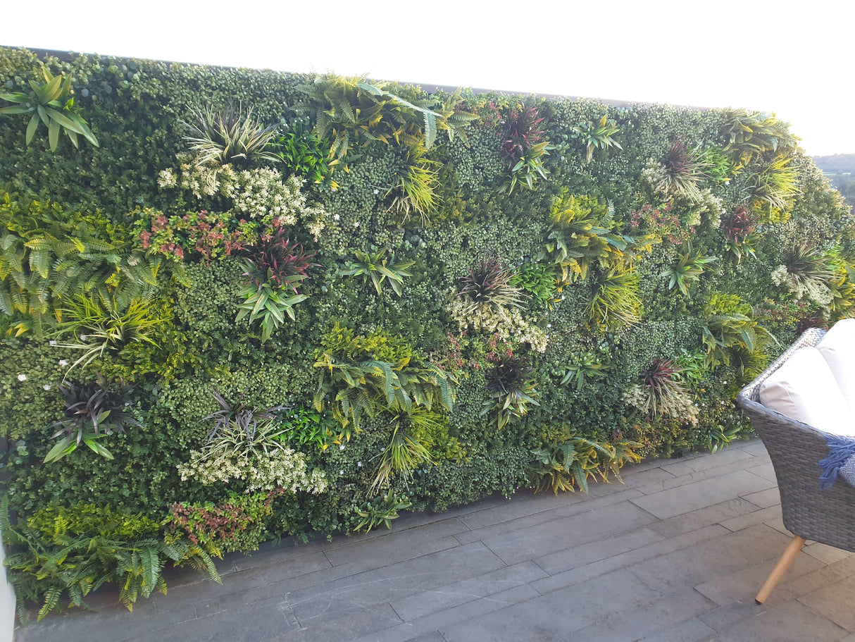 Combo of 3 x Artificial green wall panel with variegated mixed green yellow red orange and white foliage