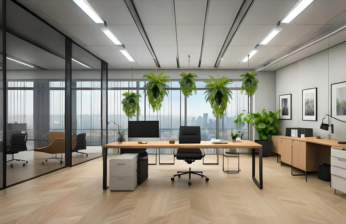 Artificial trailing fern kokedama with dangling green fern fronds on hanging twine
