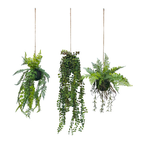 Artificial trailing pheasant tail fern kokedama, set of three kokedamas