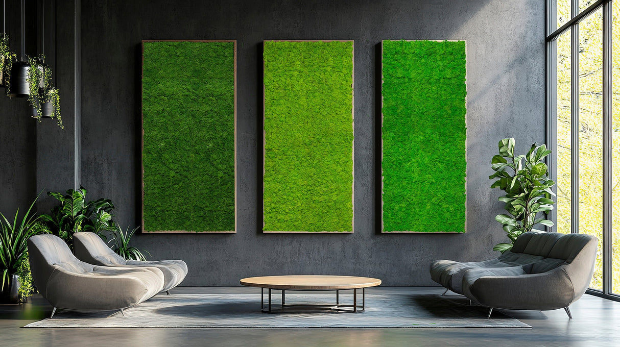 Forest green preserved reindeer moss wall panels on a grid-ready backing
