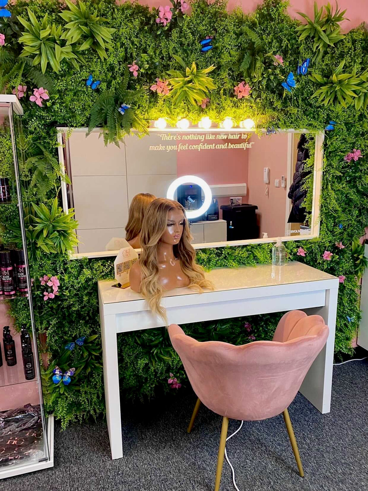 Artificial green wall panel with  ferns palms and pink flowers 100x100 cm