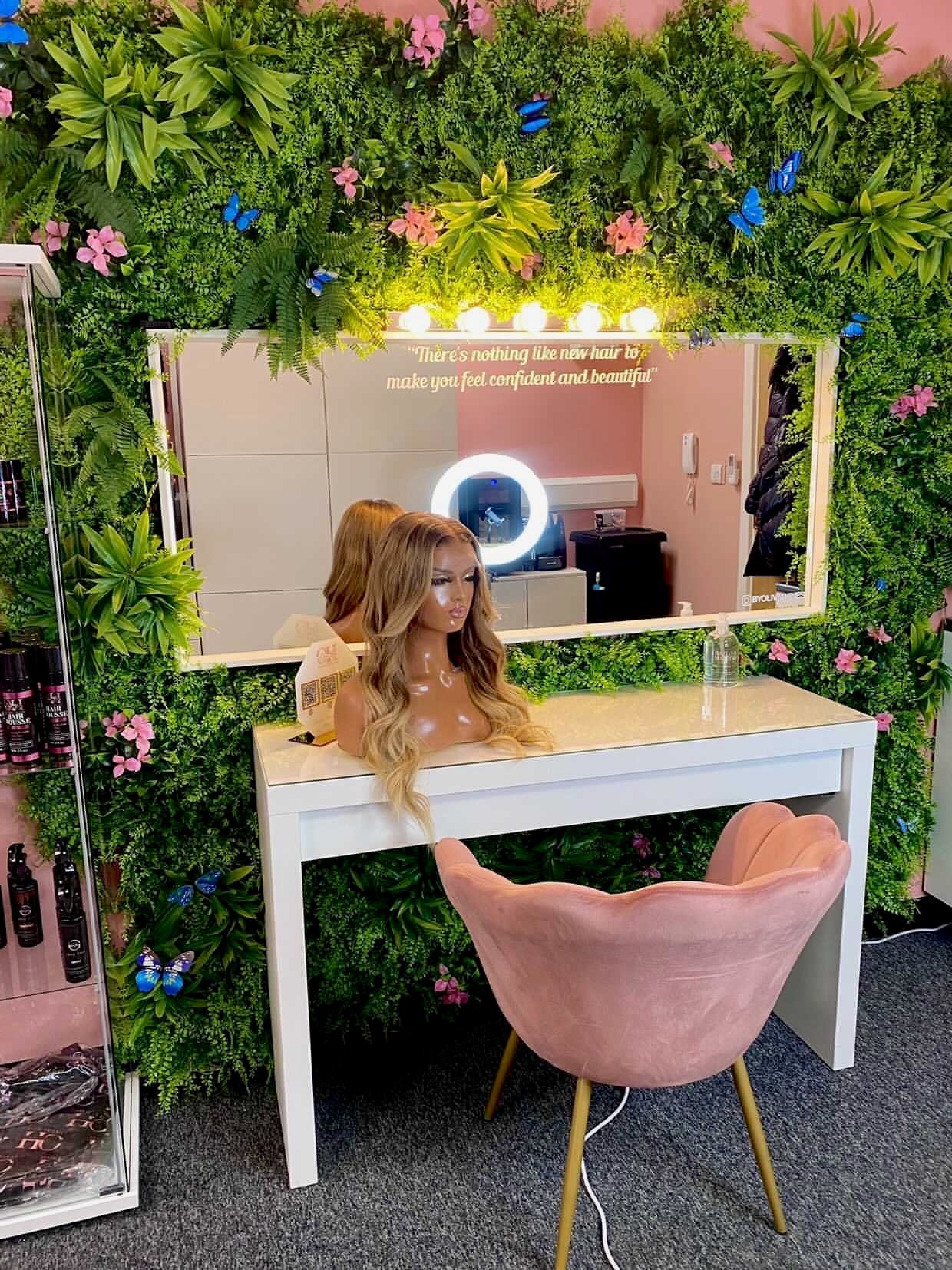 Artificial green wall panel with  ferns palms and pink flowers 100x100 cm