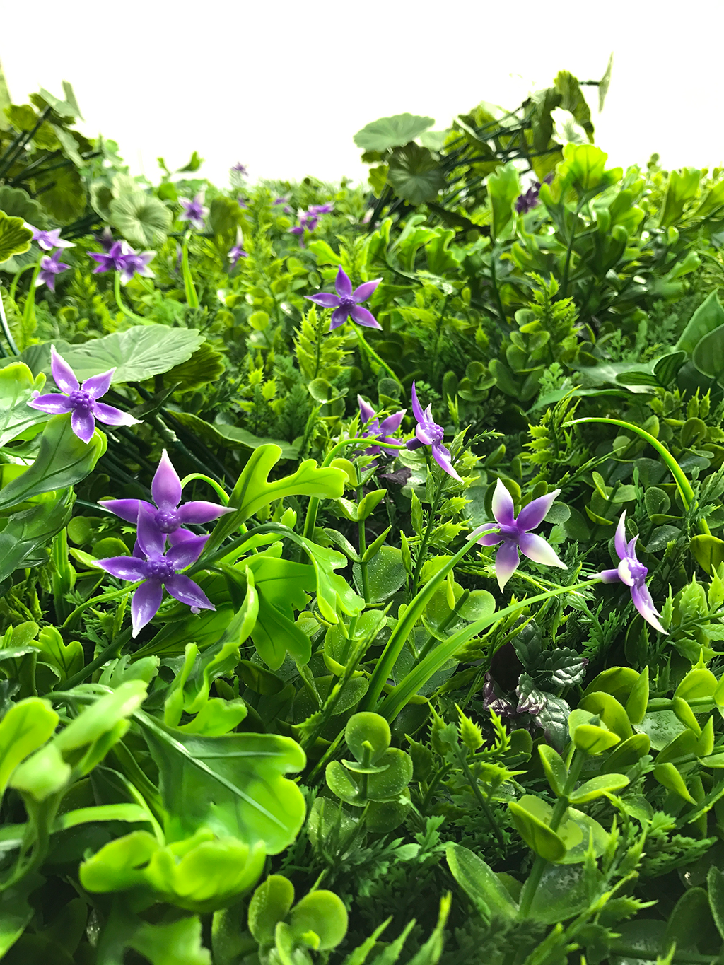 Artificial green wall mixed plant panel with purple flowers 100x100 cm - www.greenplantwalls.co.uk