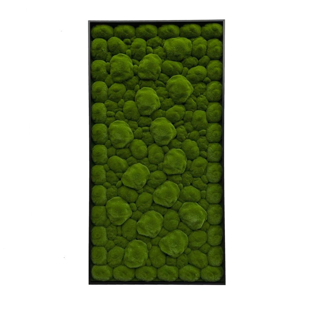 Artificial moss wall art panel with dense green tufted surface and black aluminum frame.