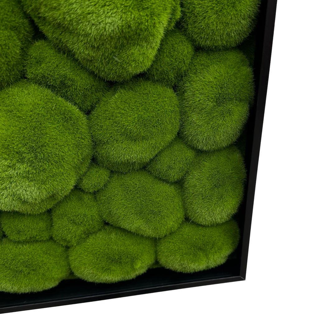 Artificial moss wall art panel detail with dense green rounded tufts in a black frame.