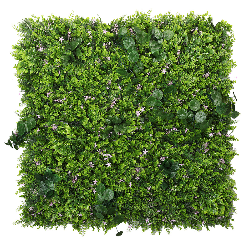 Artificial green wall mixed plant panel with pink flowers 100x100 cm - www.greenplantwalls.co.uk