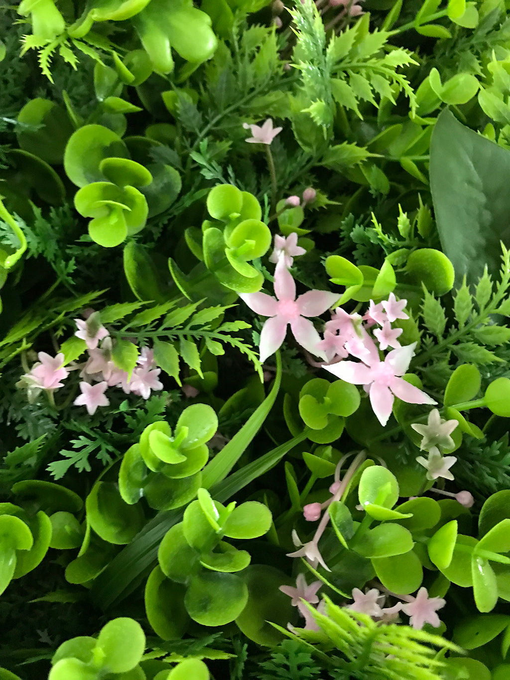 Artificial green wall mixed plant panel with pink flowers 100x100 cm - www.greenplantwalls.co.uk