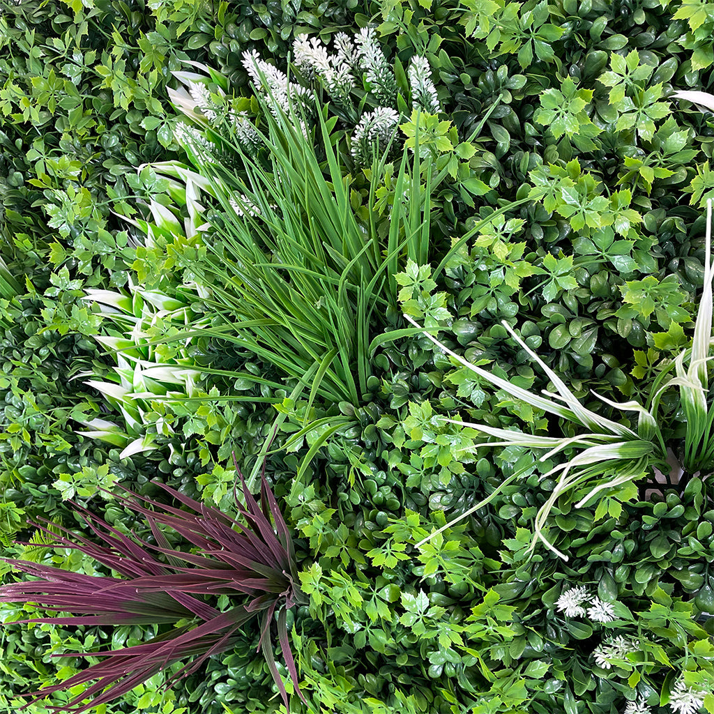 Artificial green wall panel with variegated mixed greens red and white foliage 100x100 cm