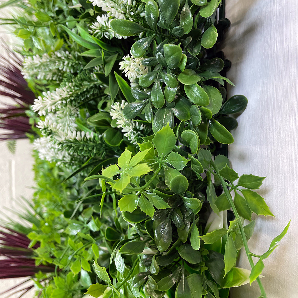 Artificial green wall panel with variegated mixed greens red and white foliage 100x100 cm