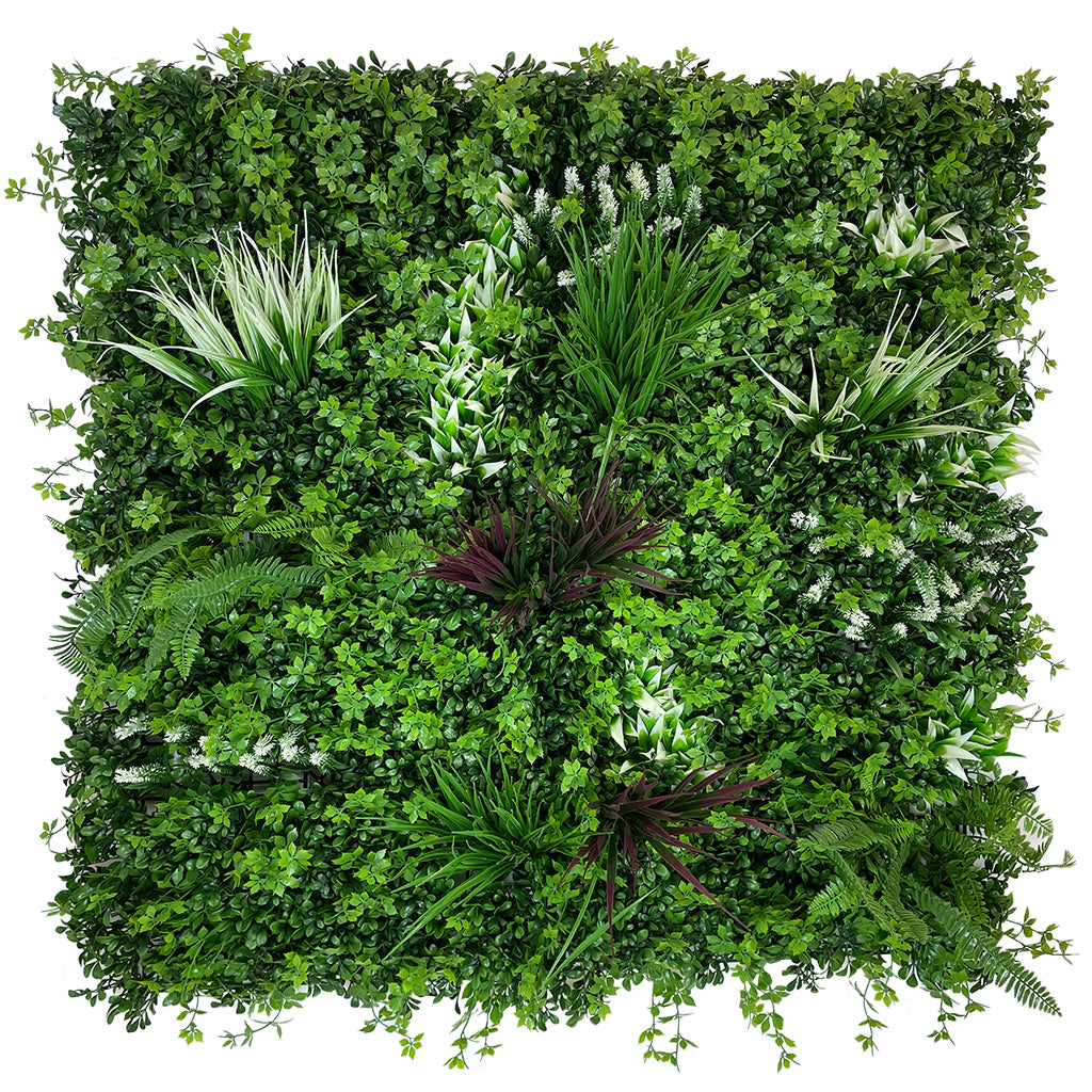Artificial green wall panel with variegated mixed greens red and white foliage 100x100 cm