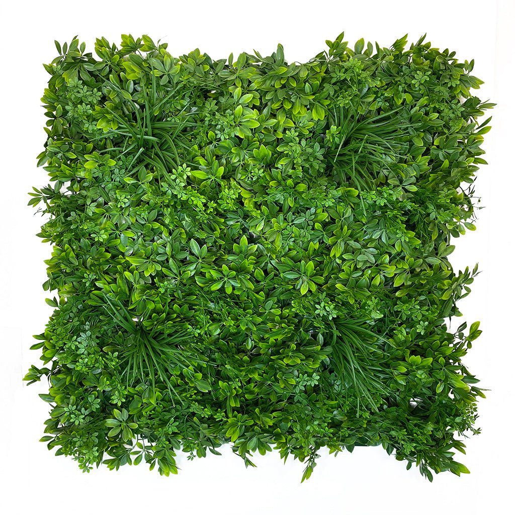 Artificial green foliage wall panel, dense leaf clusters with 3D textured depth
