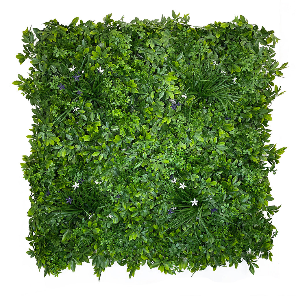 Artificial green wall panel with mixed 3d light-dark green foliage with purple & white flowers 100x100 cm