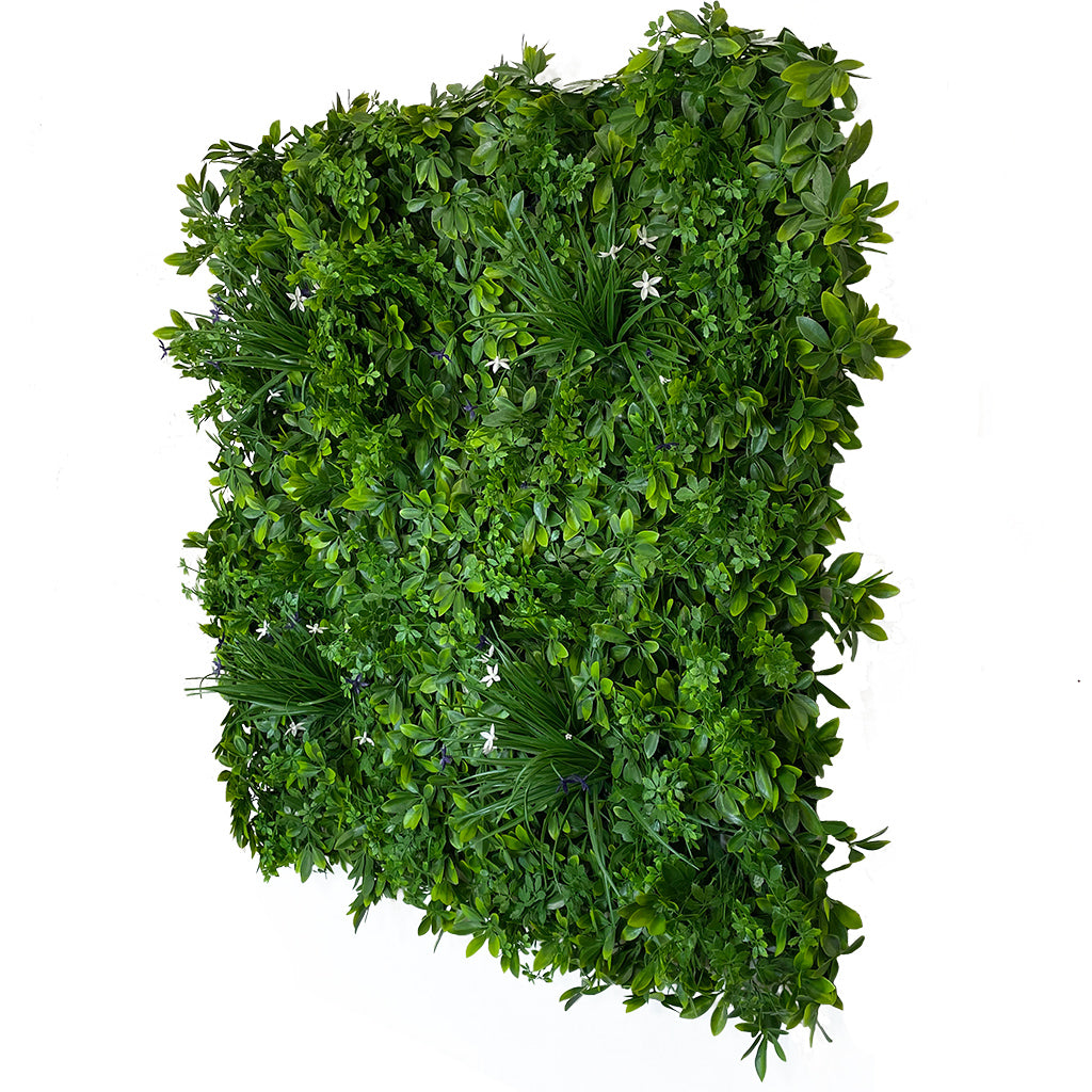 Artificial green wall panel with mixed 3d light-dark green foliage with purple & white flowers 100x100 cm
