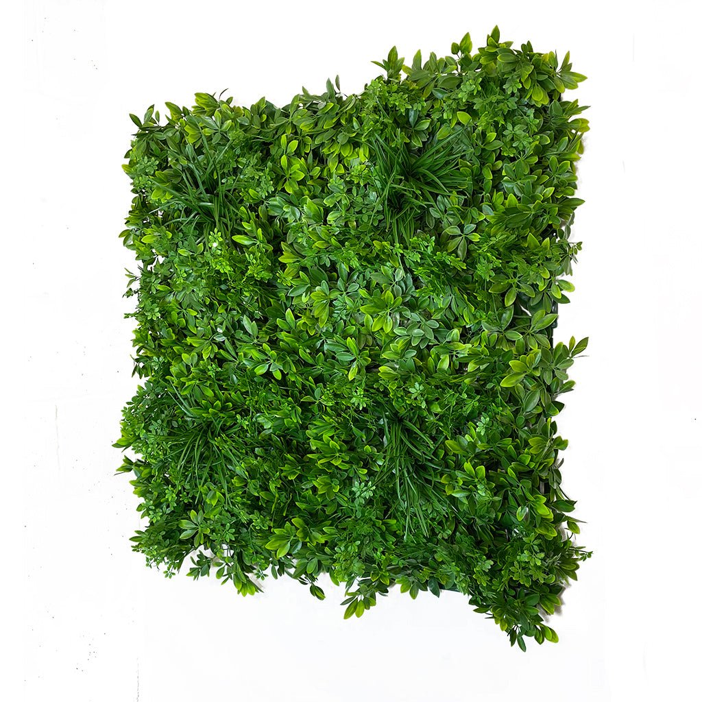 Artificial green wall foliage panel with rounded dense leaf coverage and 3D texture