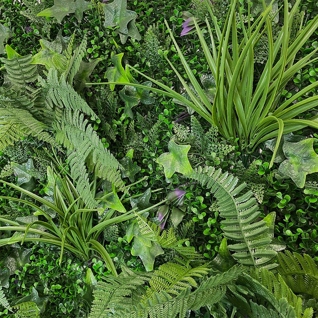 Artificial green wall mixed plant panel with ferns and grasses 100x100 cm - greenplantwalls.co.uk