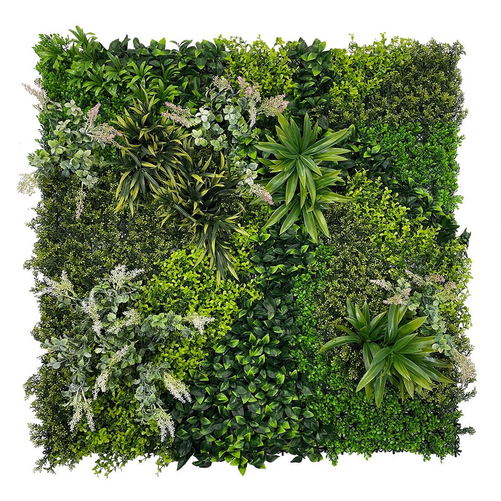Artificial green foliage wall panel, square design with varied leaves and pale blossoms