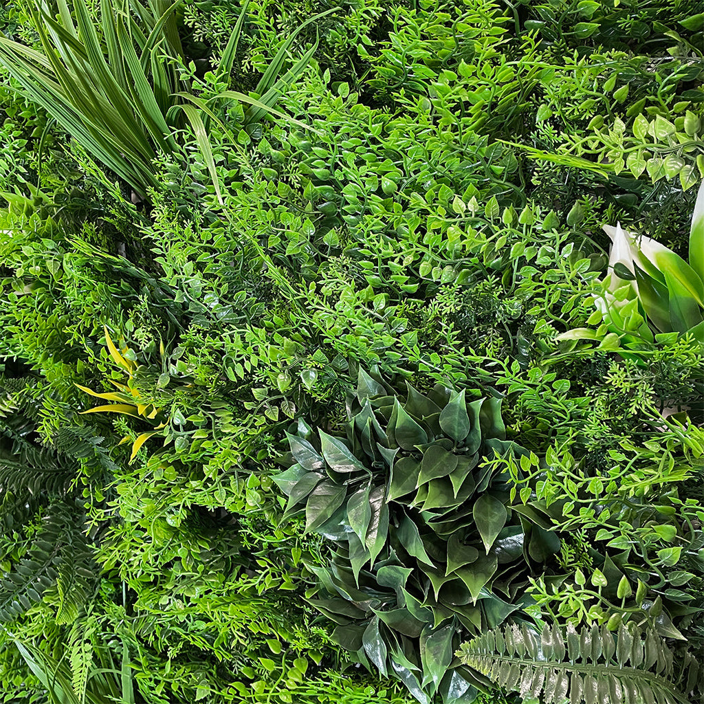 Artificial green wall panels ferns grasses palm heads & various bushes in green yellow and white - 100x100 cm