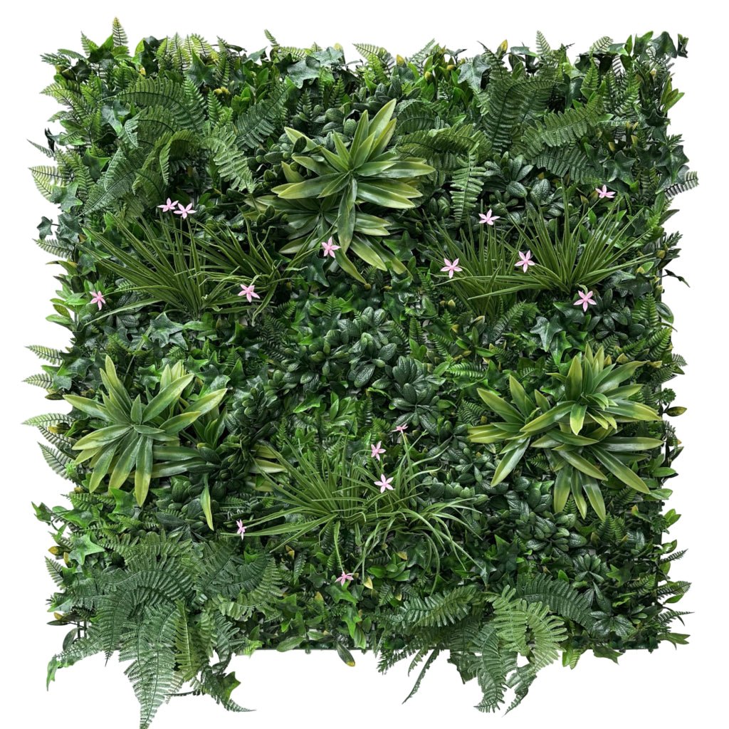 Artificial green wall panel with dense faux ferns, palm leaves and tiny pink blossoms