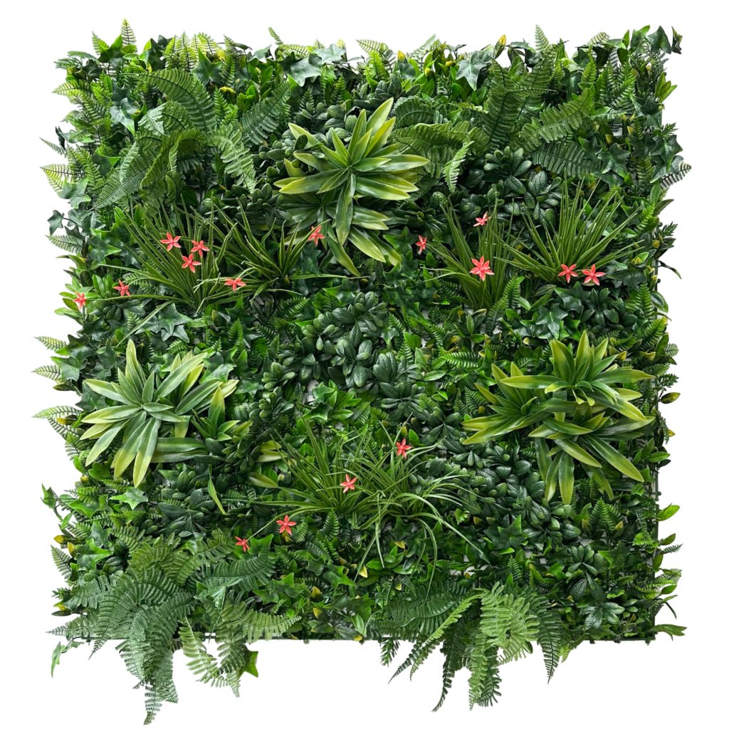 Artificial green wall panel with mixed greenery leaves and scattered small red flowers