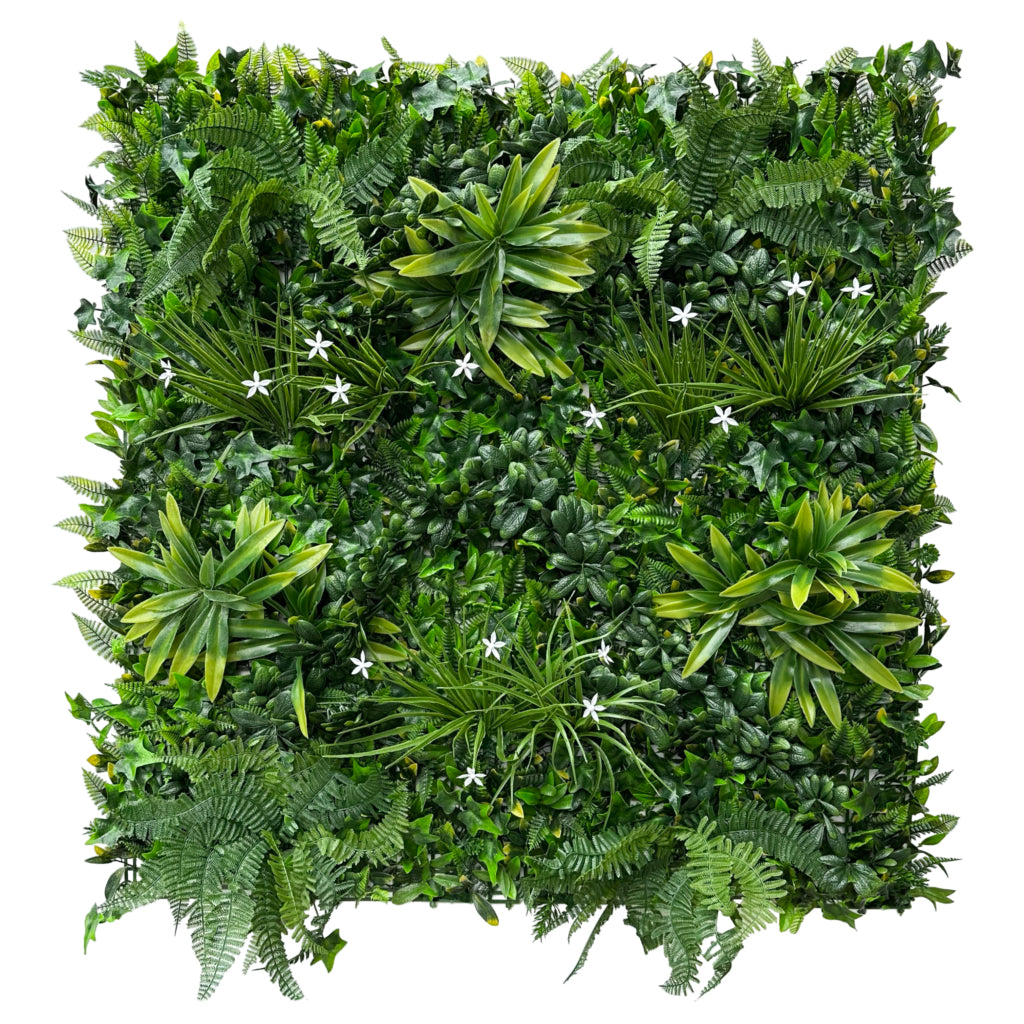 Artificial green wall panel with variegated greens of ivy, ferns, palm heads, grasses & small white flowers 100x100 cm
