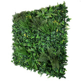 Artificial green wall panel with variegated greens of ivy, ferns, palm heads, grasses & yellow tipped privets  100x100 cm