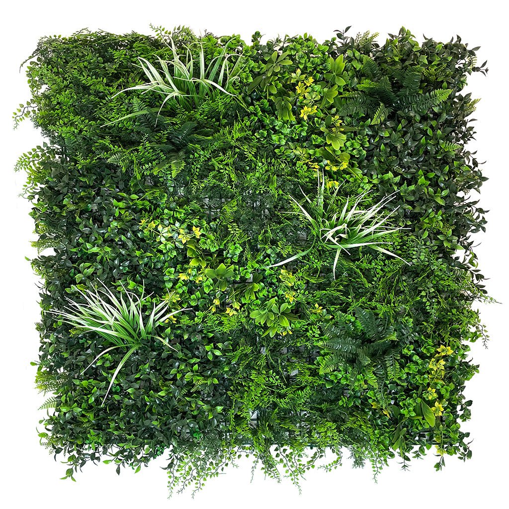Artificial green wall panel with dense faux foliage in dark and light greens