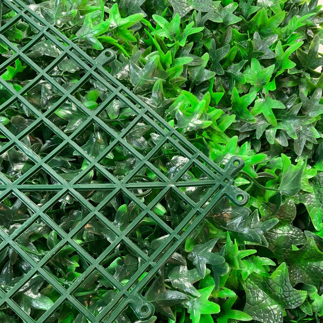 Artificial green wall plant panel with mixed ivy leaves and dark green backing mesh