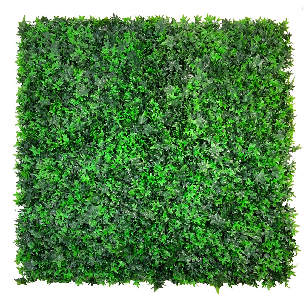 Artificial green wall plant panel square sheet densely covered in green ivy leaves