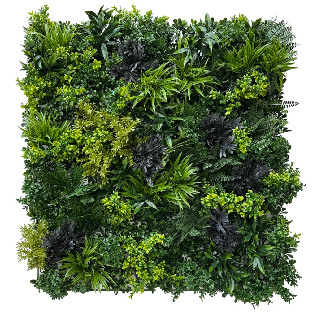 Green wall panel variegated light and dark green foliage palms heads, green grasses & ferns & purple bushes 100x100 cm
