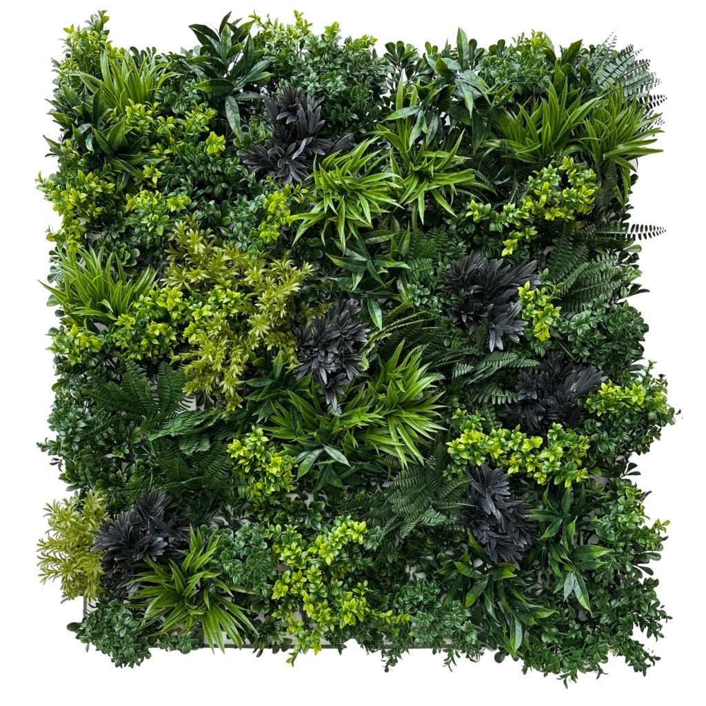 Green foliage wall panel with dense variegated leaf texture