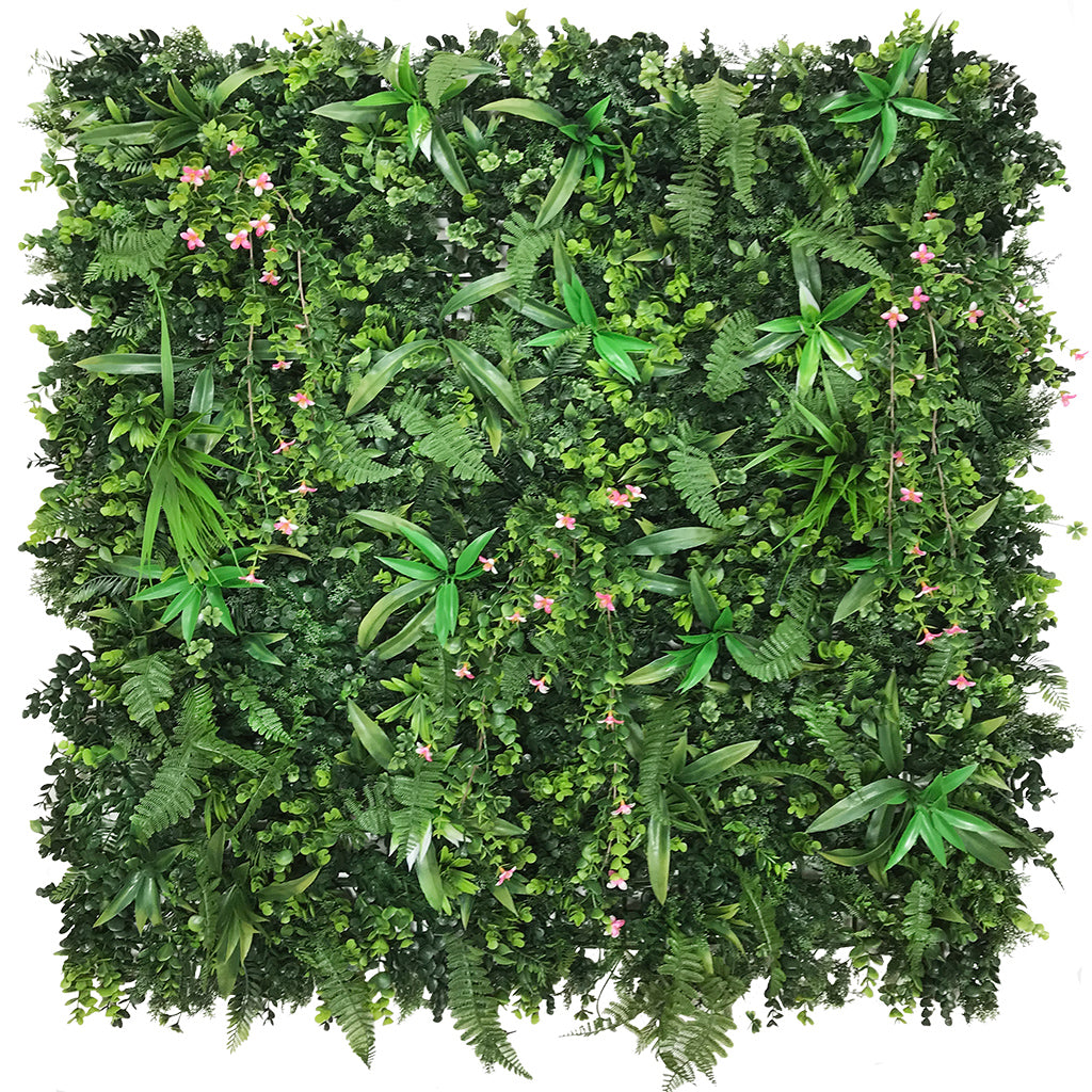 Artificial green wall panel with mixed green foliage & pink trailing flowers 100x100 cm