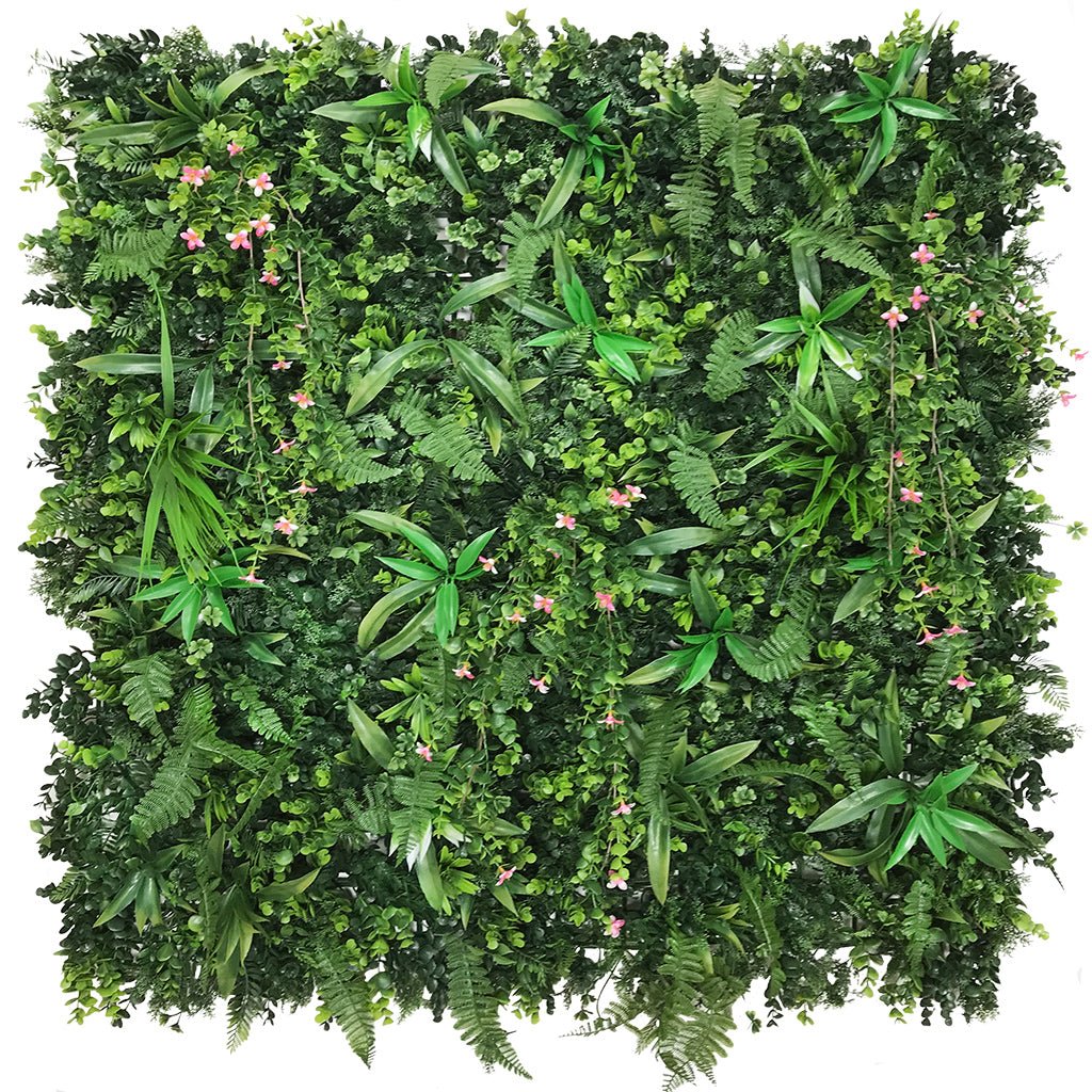 Artificial green foliage wall panel with pink trailing flowers, 100x100 cm