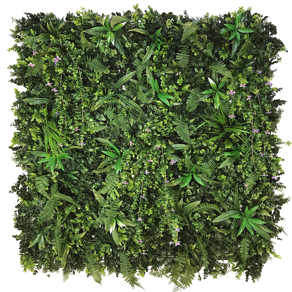 Artificial green wall panel with mixed green foliage & purple trailing flowers 100x100 cm