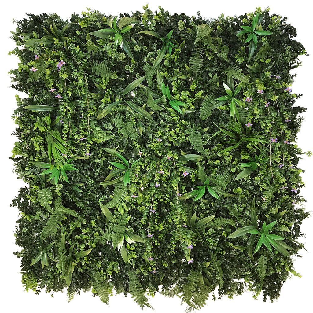 Artificial green wall panel with mixed foliage and small purple trailing flowers, 100x100 cm
