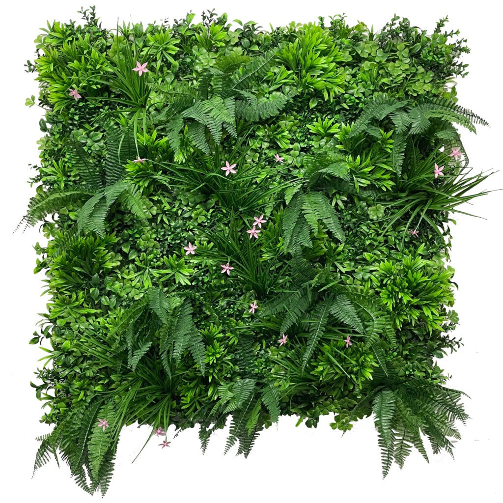 Artificial green wall panel with mixed 3d light-dark green foliage with scheffleras & pink flowers 100x100 cm