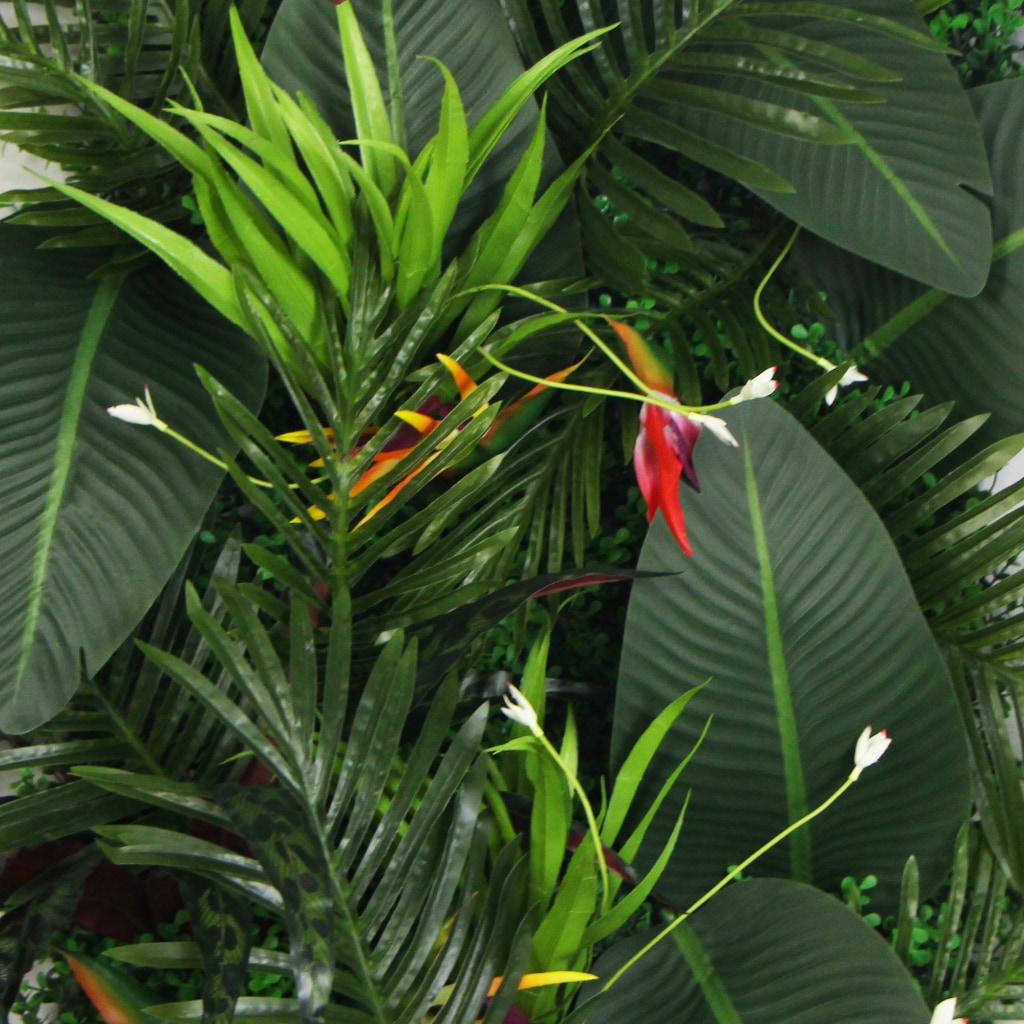 Artificial tropical plant wall panel with layered green leaves and bird-of-paradise accents